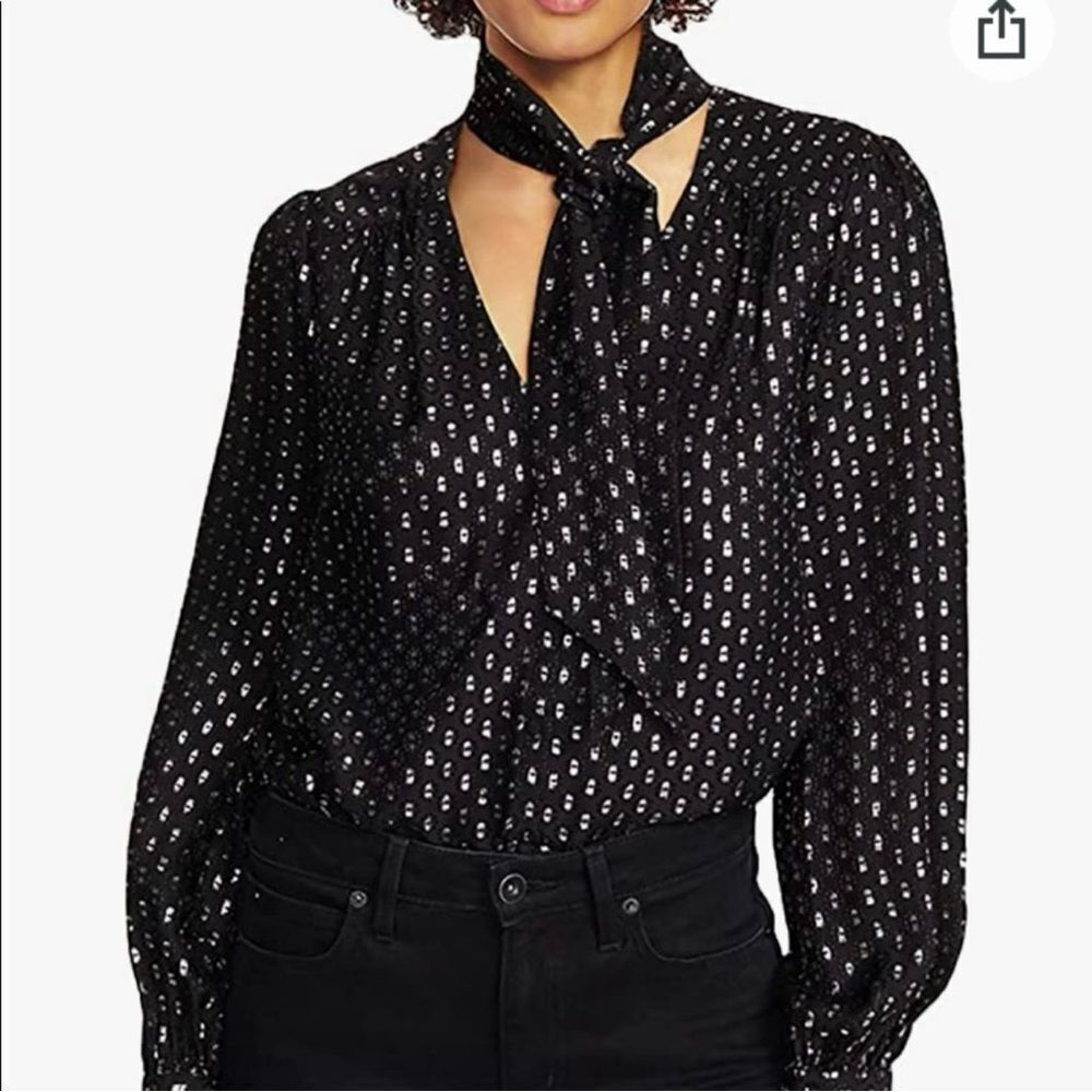 Paige Cleobelle Tie Neck Blouse Silk Black Silver Metallic Clip Dot Size Small